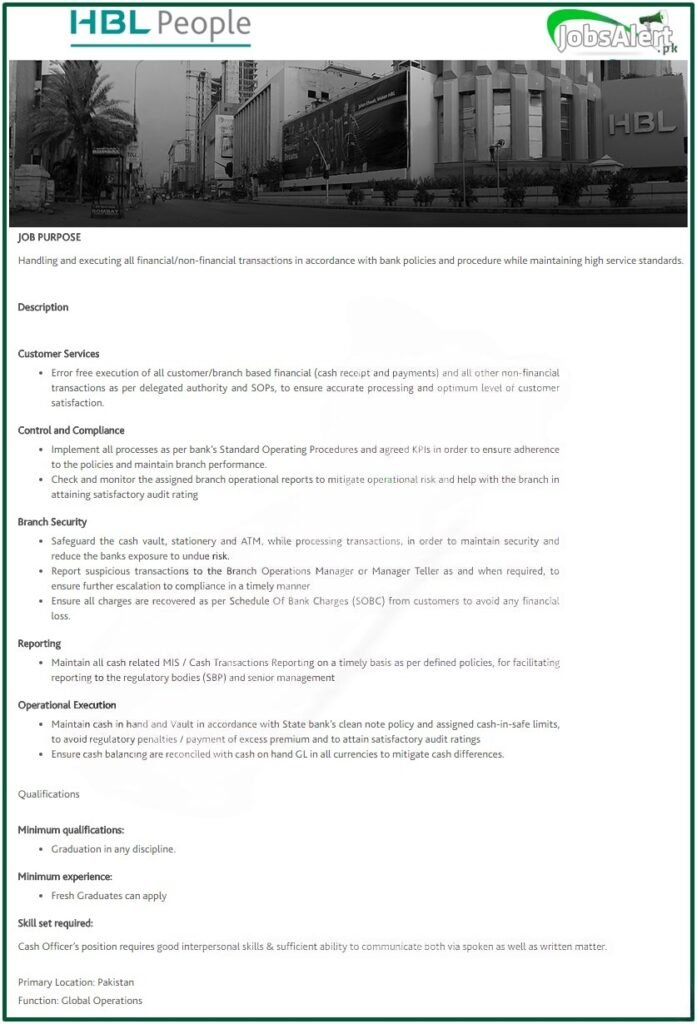 HBL Cash Officer Jobs 2025 advertisement in Pakistan banking sector