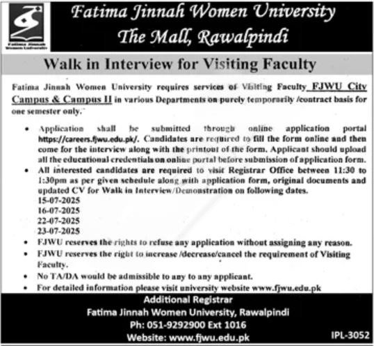 FJWU Visiting Faculty Jobs 2025 Advertisement