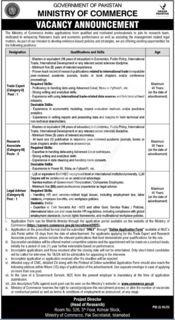 Ministry of Commerce Jobs 2025 Advertisement Government of Pakistan