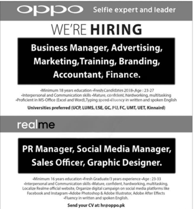 Oppo Jobs 2025 Advertisement Pakistan