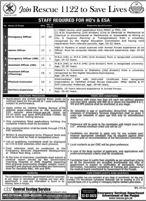 rescue 1122 Punjab Emergency Services Academy jobs 2025 application process