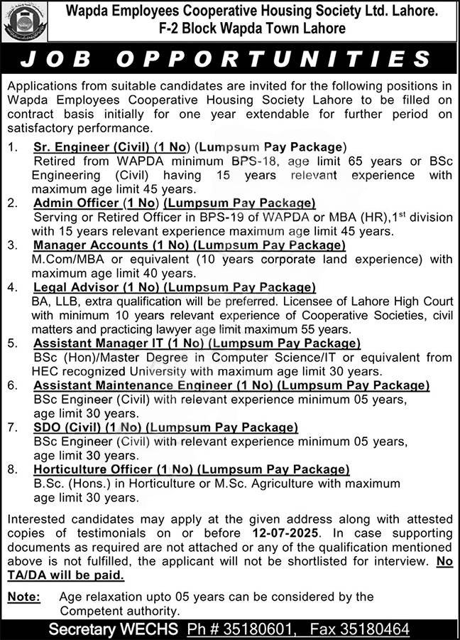 WECHS Lahore Jobs 2025 Advertisement – Apply Now at WAPDA Town