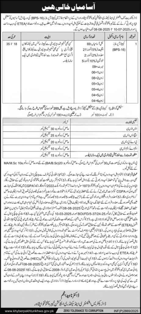 Elementary & Secondary Education KPK Jobs 2025 – Apply Online for 69 Vacancies