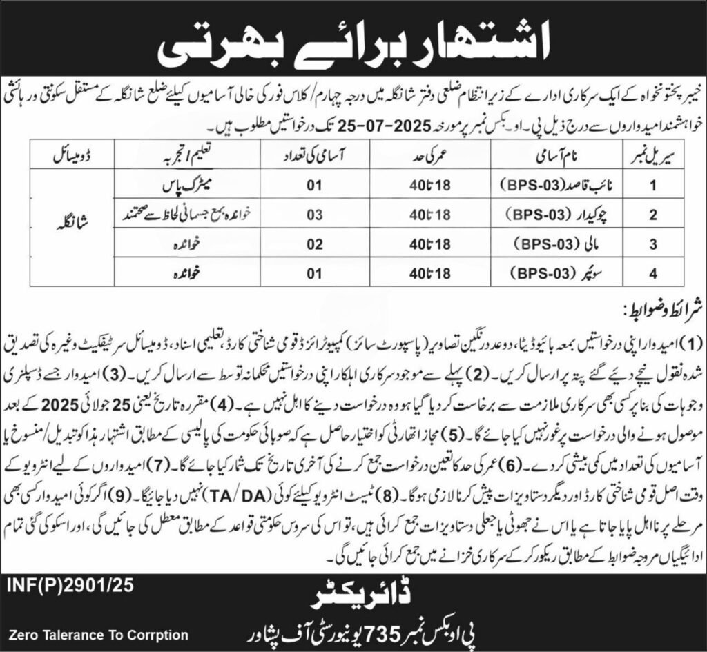 PO Box 735 Peshawar Jobs 2025 – Latest KPK Govt Class IV