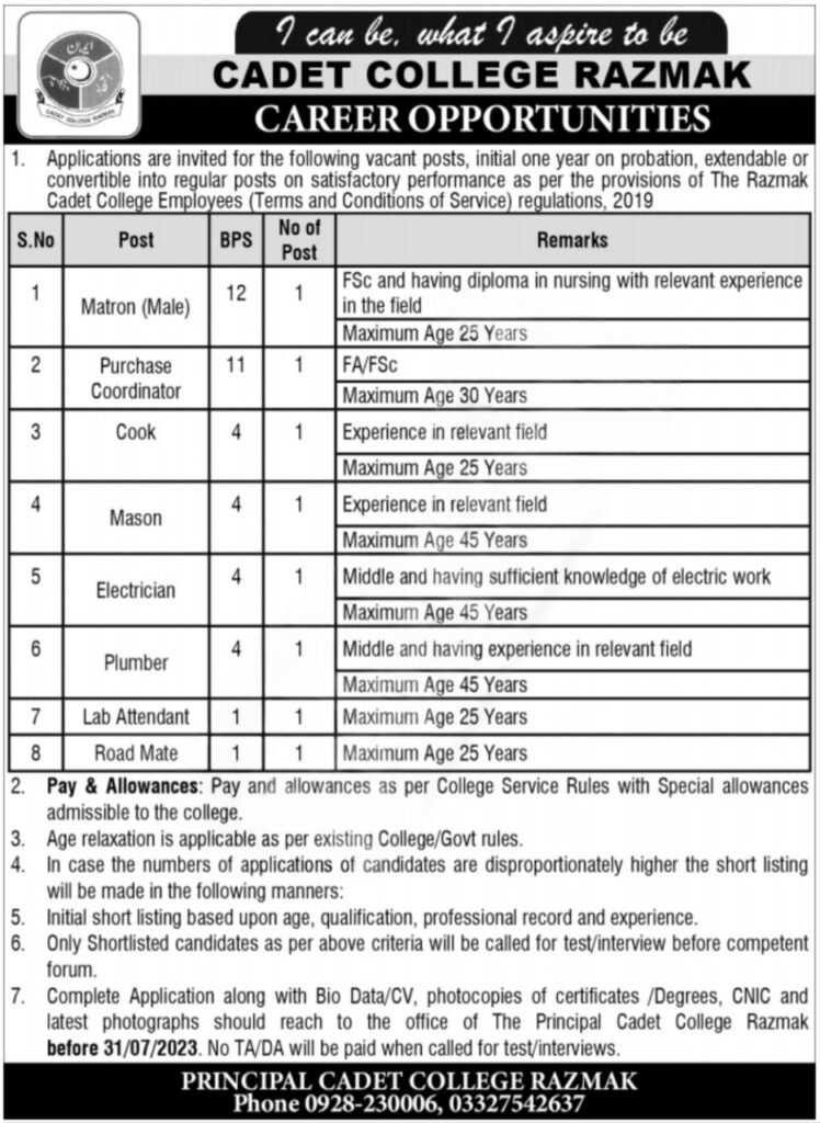 Cadet College Razmak 2025 job openings