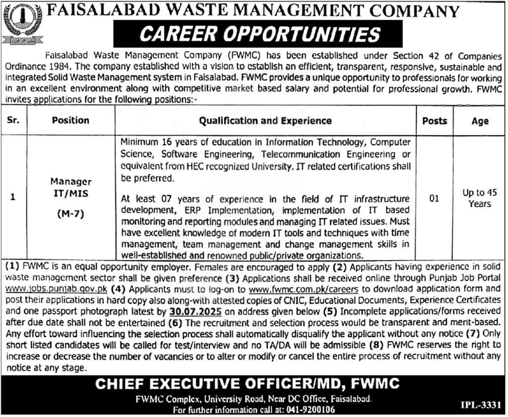FWMC Manager IT Jobs 2025
