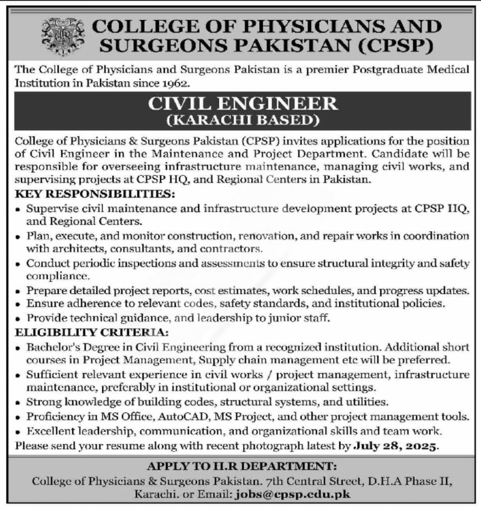 CPSP Civil Engineer Job Advertisement 2025 for Lahore and Karachi