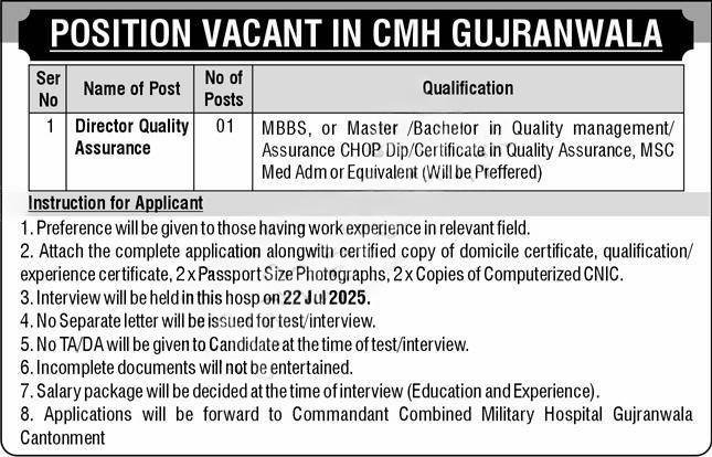 CMH Gujranwala Jobs 2025 Advertisement for Director Quality Assurance Post