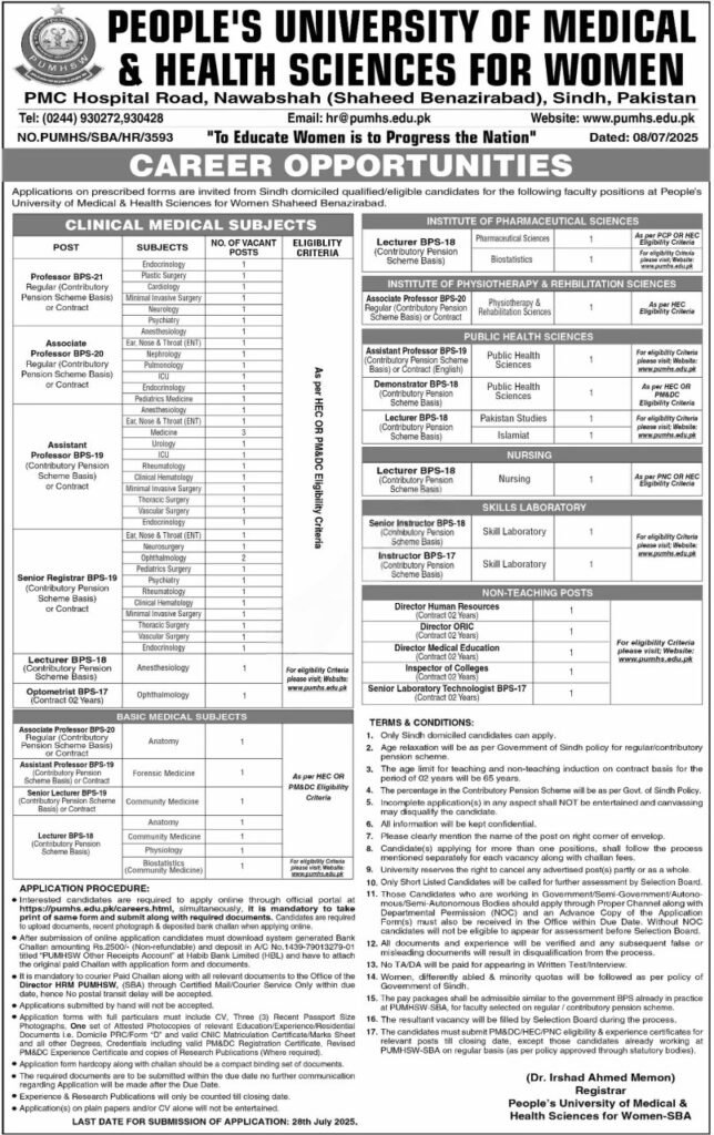 PUMHSW Jobs 2025 Nawabshah Faculty and Non-Faculty Advertisement