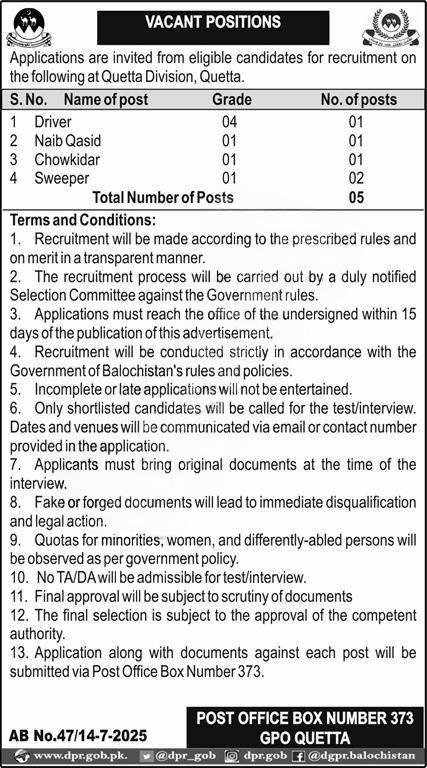 Apply for Driver, Naib Qasid, Chowkidar & Sweeper Jobs 2025 via PO Box 373 GPO Quetta