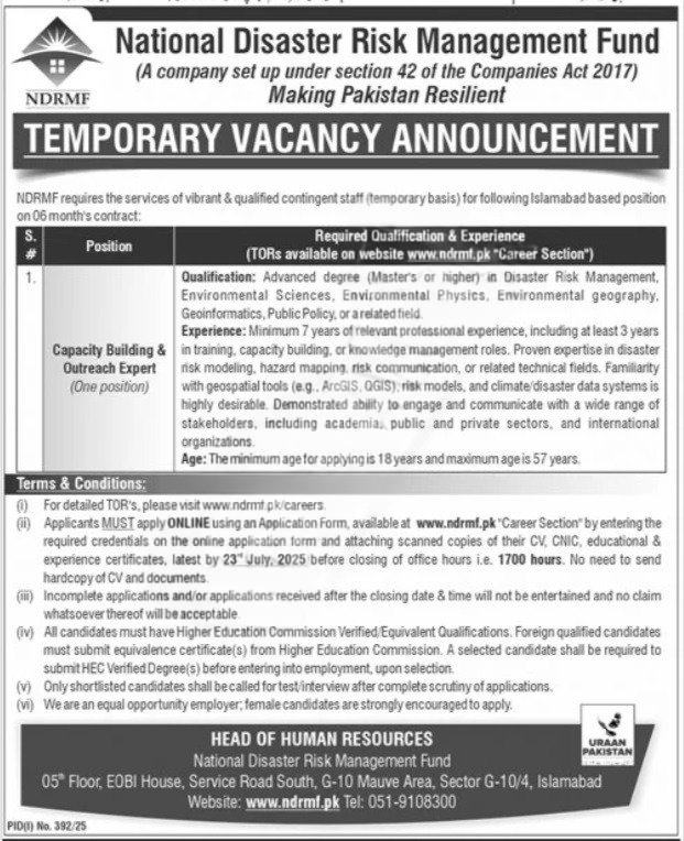 NDRMF Jobs 2025 Advertisement – Capacity Building & Outreach Expert Islamabad