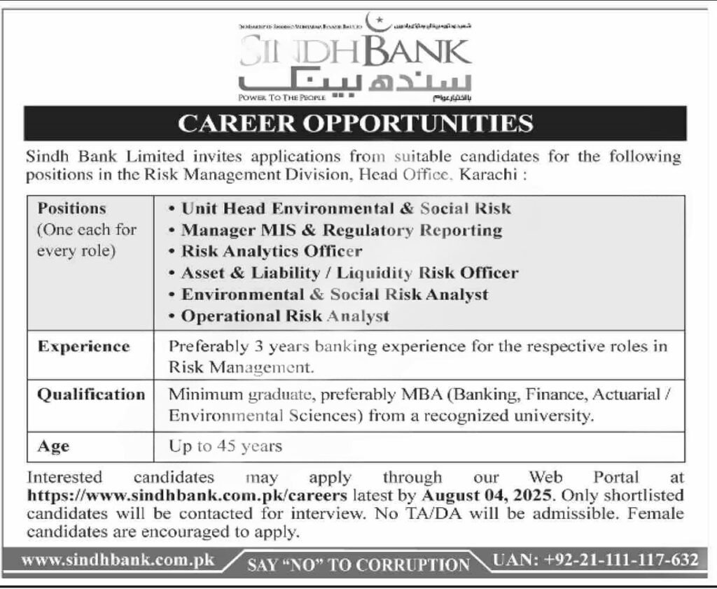 Sindh Bank Careers 2025 advertise