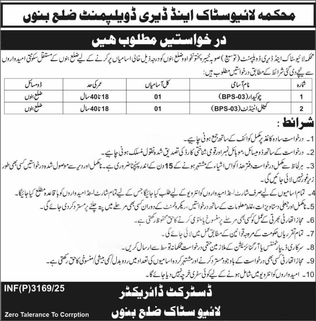 Livestock KPK Jobs 2025 Bannu advertisement and application form download
