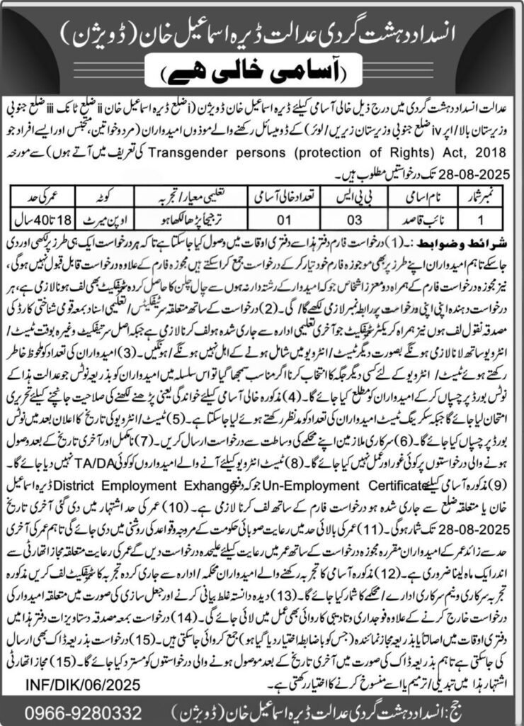 Anti Terrorism Court DI Khan Naib Qasid Job Advertisement 2025