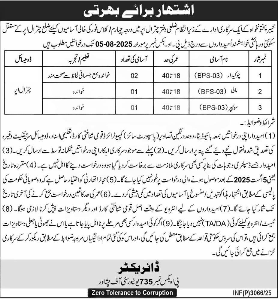Public Sector Organization Jobs 2025 PO Box 735 Peshawar Latest Advertisement