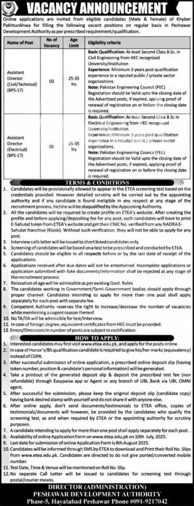 PDA Jobs 2025 via ETEA Online Apply – Assistant Directors, Sub Engineers, and Computer Operators – Peshawar Development Authority KPK