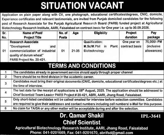 PARB Research Associate Jobs 2025 Advertisement at AARI Faisalabad
