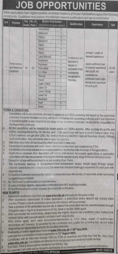 KPK ETEA Jobs 2025 Advertisement for Enforcement & Revenue Inspector BPS-16