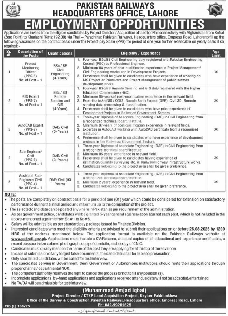 Apply for Pakistan Railways Headquarter Lahore Jobs 2025 – PPS Scale Vacancies