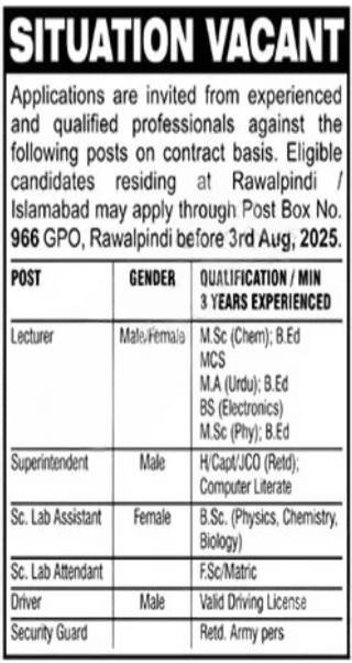 Apply now for government vacancies through PO Box 966 Rawalpindi Jobs 2025 for teaching and technical staff