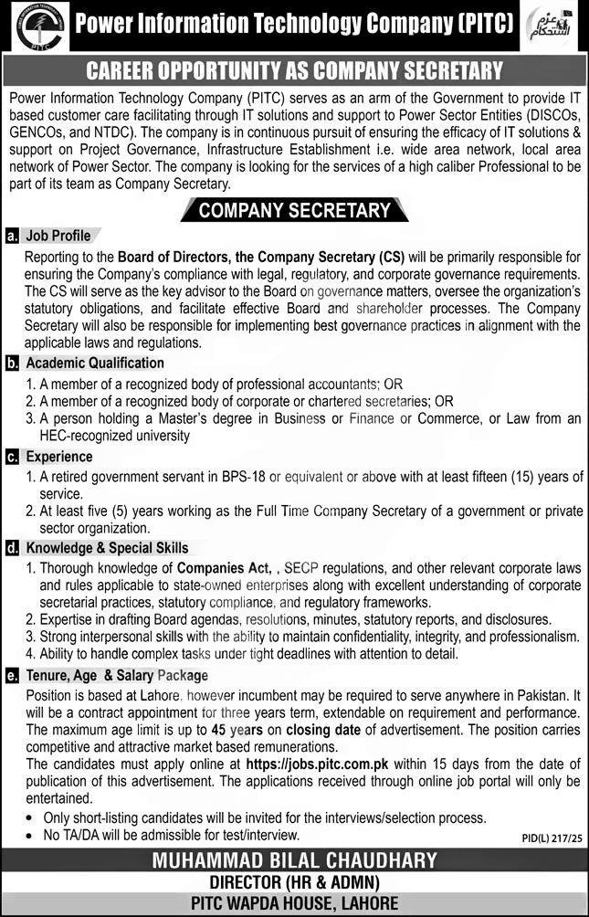 PITC WAPDA Jobs 2025 Company Secretary vacancy in Lahore