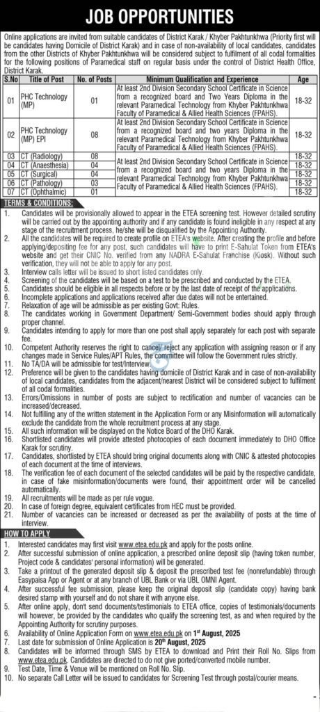 District Health Officer Karak BPS-12 Jobs 2025 Online Apply via ETEA