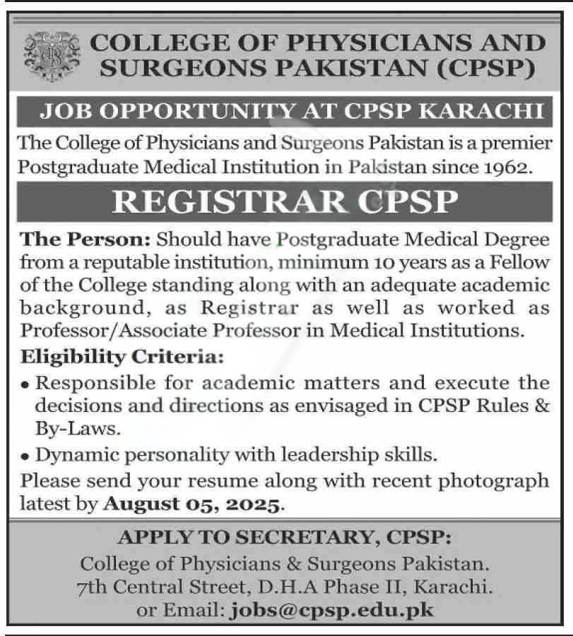 CPSP Jobs 2025 Advertisement for Registrar Post in Lahore