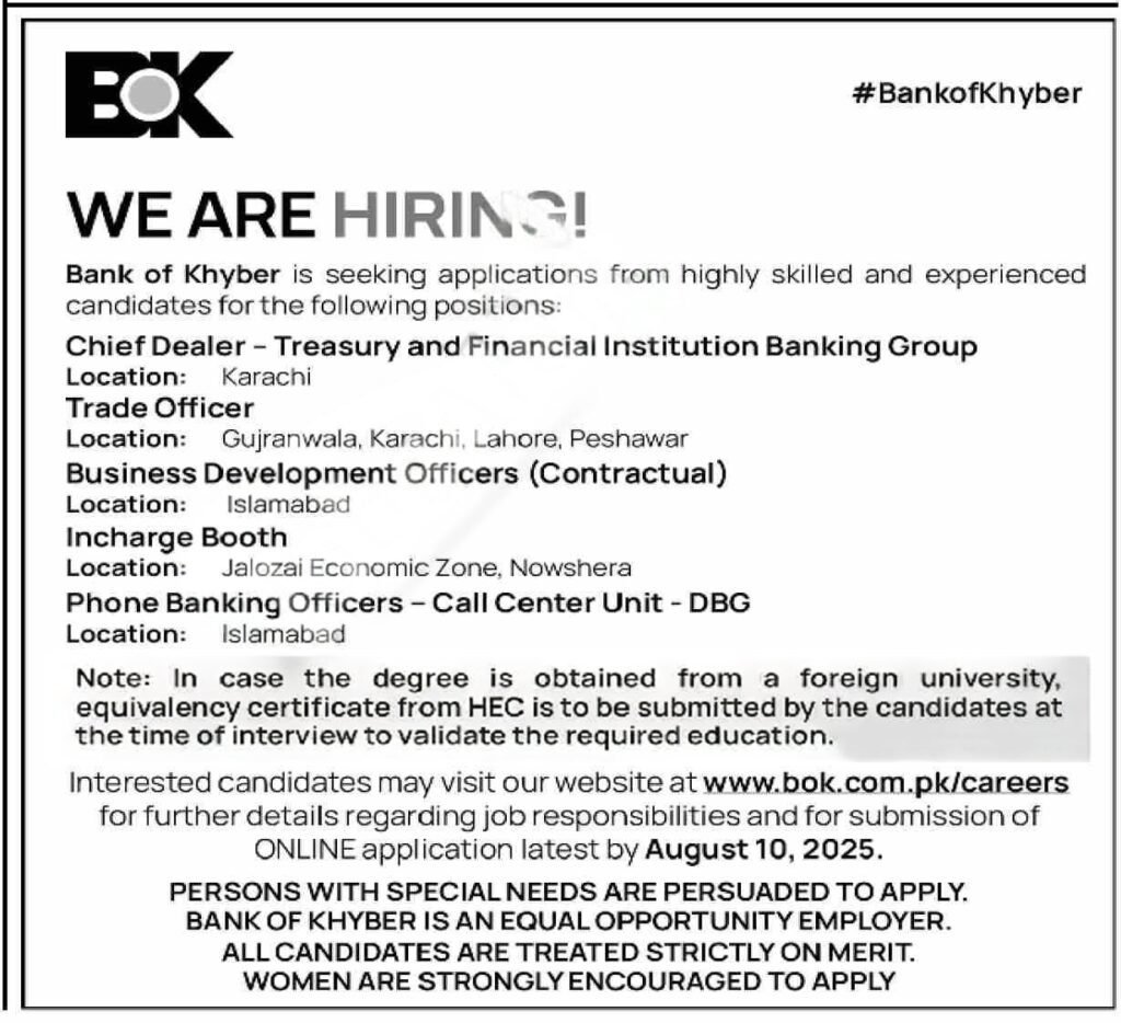 Apply Online for Latest Bank of Khyber BOK Careers August 2025 Advertisement in Pakistan