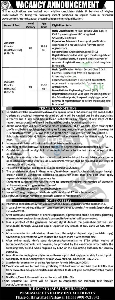 Apply online for PDA Assistant Director Jobs 2025 via ETEA
