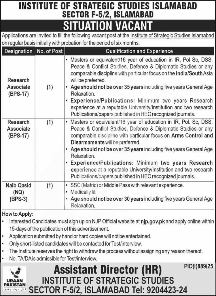 Institute of Strategic Studies Islamabad ISSI Jobs 2025 Advertisement