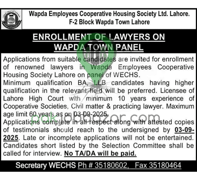 WAPDA Town Lahore Jobs 2025 – Lawyers Enrollment Panel
