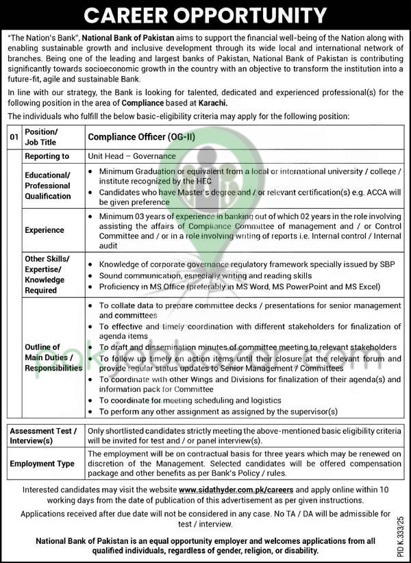 National Bank of Pakistan job application 2025