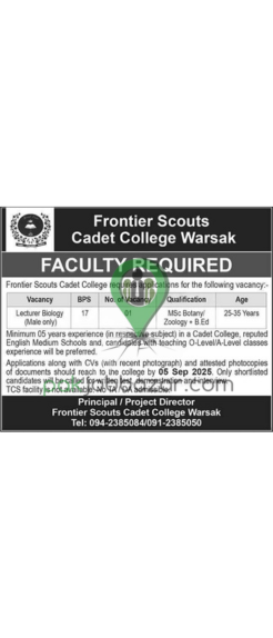 Frontier Scouts Cadet College Warsak Lecturer Biology Jobs 2025 Advertisement