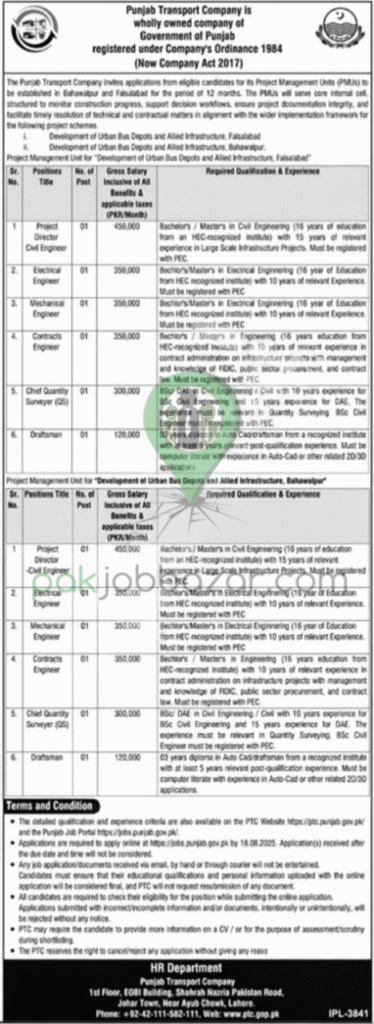 Punjab Transport Company PMU Jobs 2025 official job advertisement