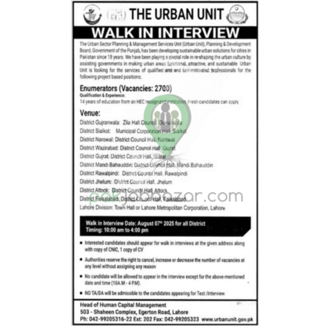 Urban Unit Enumerator Jobs 2025 – Walk-in Interviews Punjab