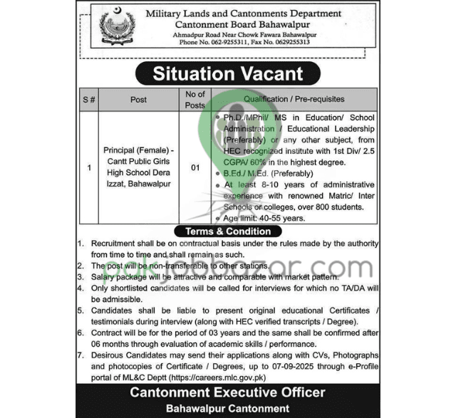 Military Lands and Cantonments Jobs 2025 – Principal Female Bahawalpur