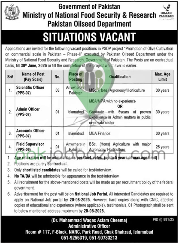 Pakistan Oilseed Department Olive Cultivation Project Jobs 2025 Advertisement