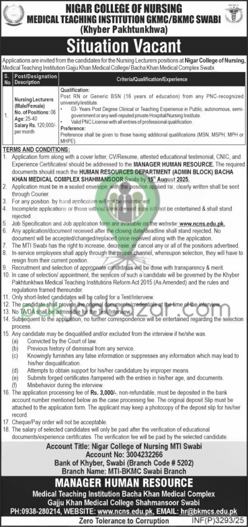 Nigar College of Nursing MTI BKMC Swabi Lecturers Jobs 2025 Advertisement