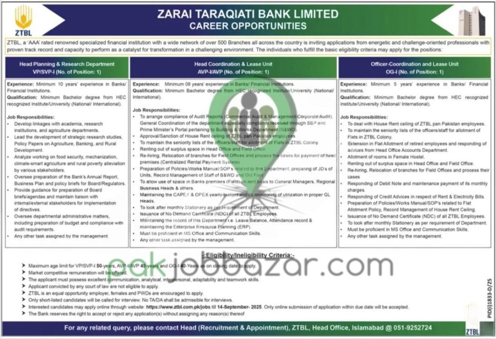 Zarai Taraqiati Bank Limited Careers 2025 Advertisement