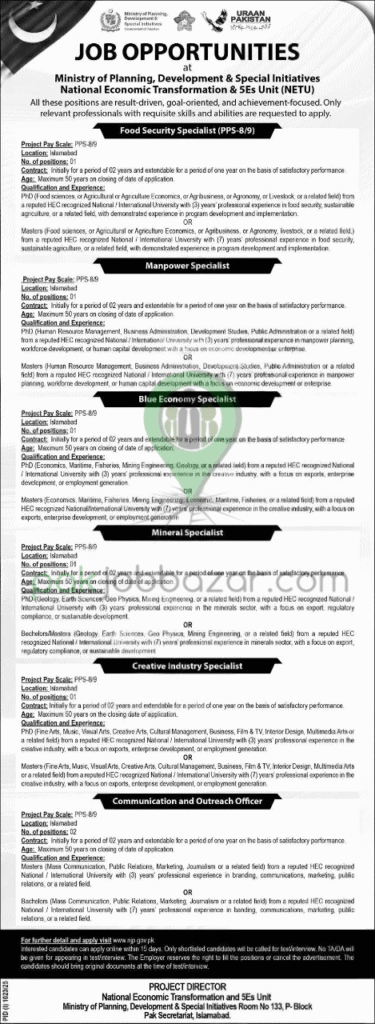 National Economic Transformation & 5Es Unit Jobs 2025 – Planning Commission Pakistan Hiring