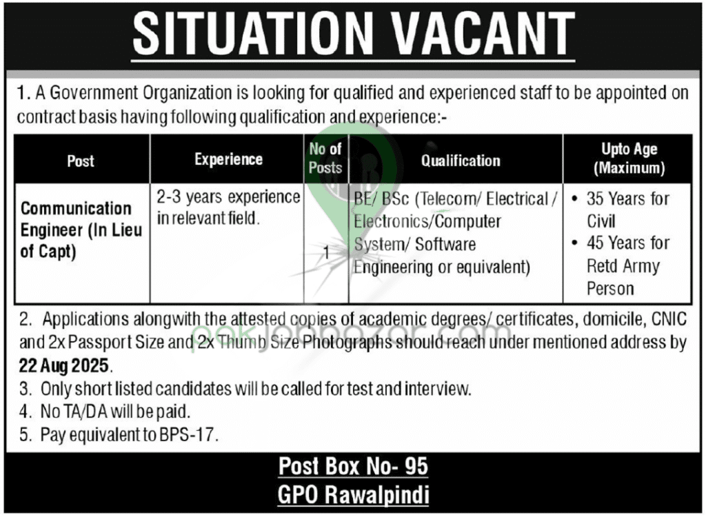 Government Organization Rawalpindi Jobs 2025 – Communication Engineer Vacancies