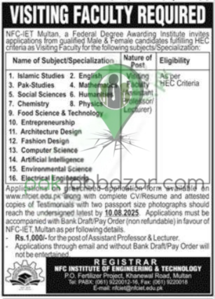 NFC-IET Multan Jobs 2025 Advertisement for Visiting Faculty