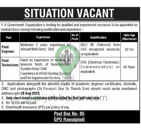 Government Organization Jobs 2025 Rawalpindi Field Engineers Technicians