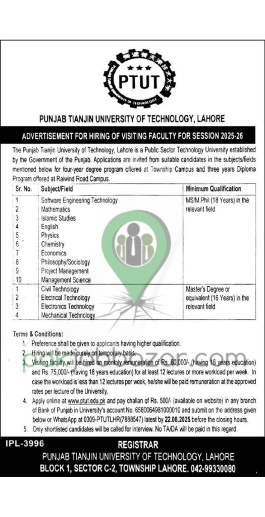 Punjab Tianjin University of Technology Visiting Faculty Jobs 2025 Advertisement