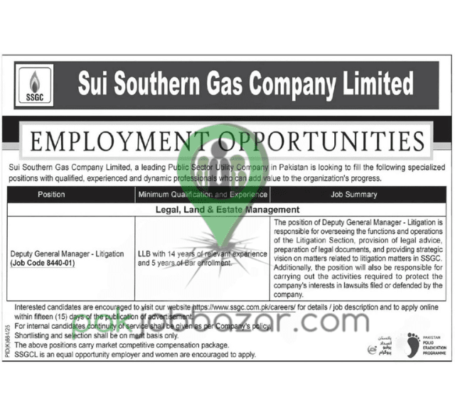 Deputy General Manager Litigation Vacancy at SSGC