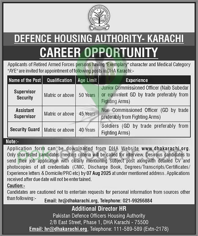 DHA Karachi Jobs 2025 – Supervisor Security, Assistant Supervisor, and Guard Vacancies for Retired Army Personnel
