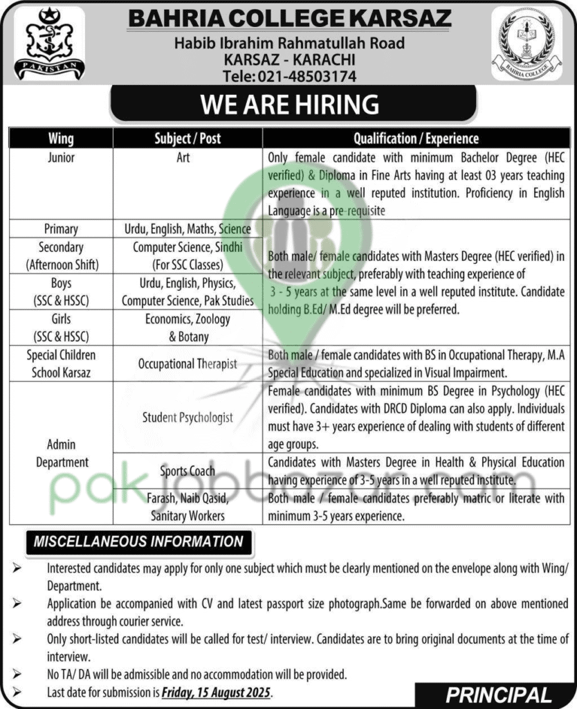 Bahria College Karsaz Karachi Jobs 2025 – Teaching & Non-Teaching Vacancies