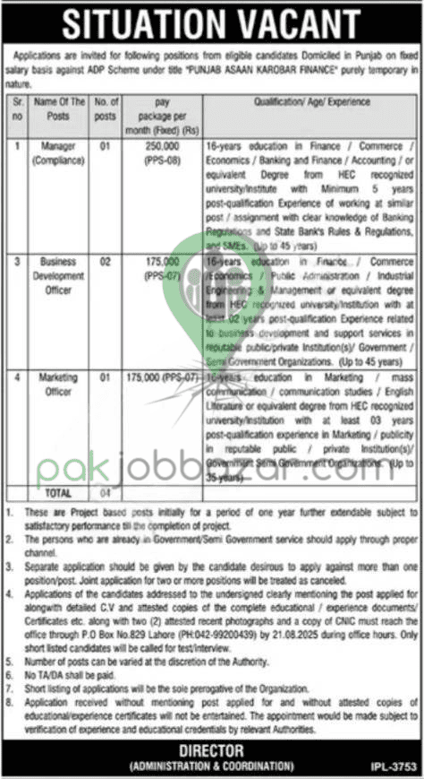 Project-Based Job Opportunities 2025 – Manager Compliance, Business Development Officer & Marketing Officer