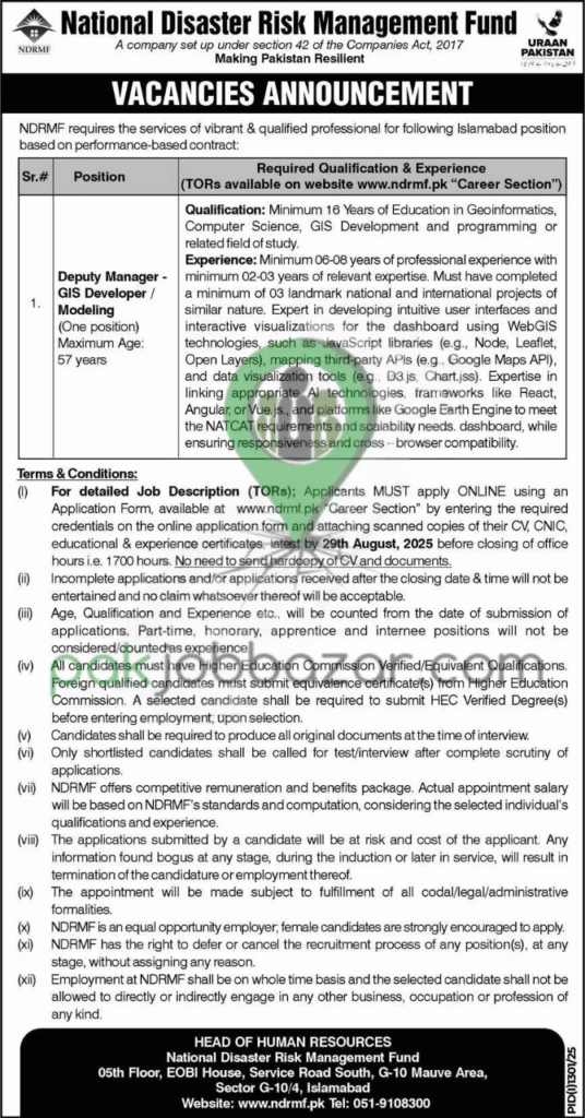 NDRMF Deputy Manager GIS Developer Jobs 2025 Official Advertisement