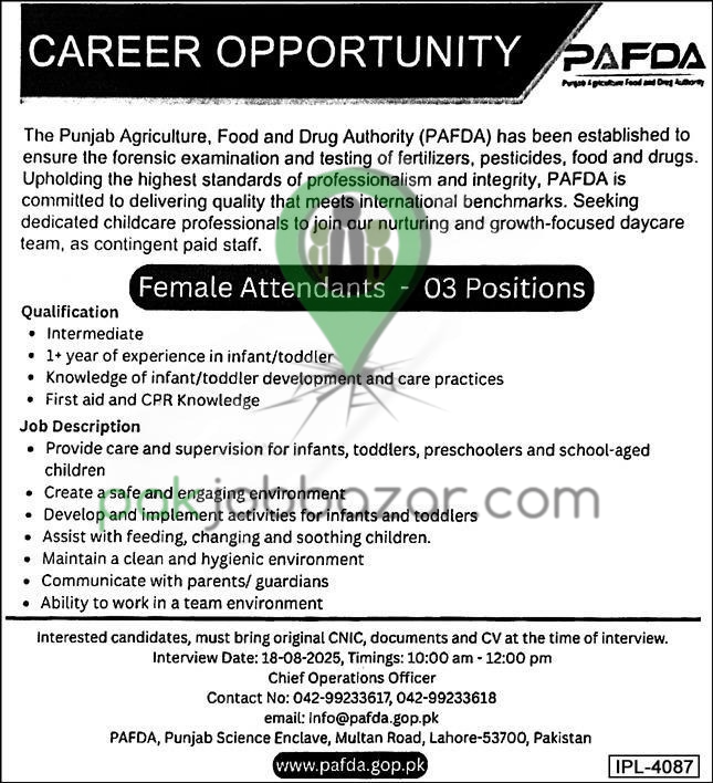 PAFDA Female Attendant Jobs 2025 Official Advertisement